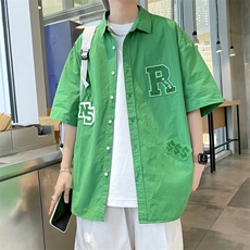 潮牌外套毛巾刺绣短袖衬衫美式ins复古休闲半袖衬衣男W3187-P32，男装衬衫，星座512-2