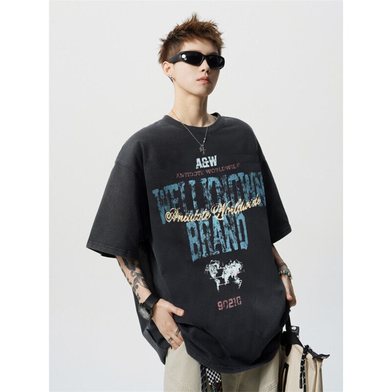 706-1-LK1237-P38特P现货夏季重磅水洗复古印花短袖T恤，男装T恤，星座706