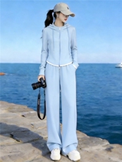 韩系运动休闲套装女春新款撞色拼接半拉链长袖卫衣阔腿长裤两件套，女装套装/套裙，江南