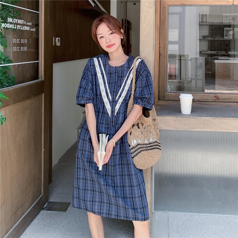 超好看2025夏季新款时尚百搭圆领短袖格子连衣裙女收腰显瘦中长裙,女装连衣裙,2C323