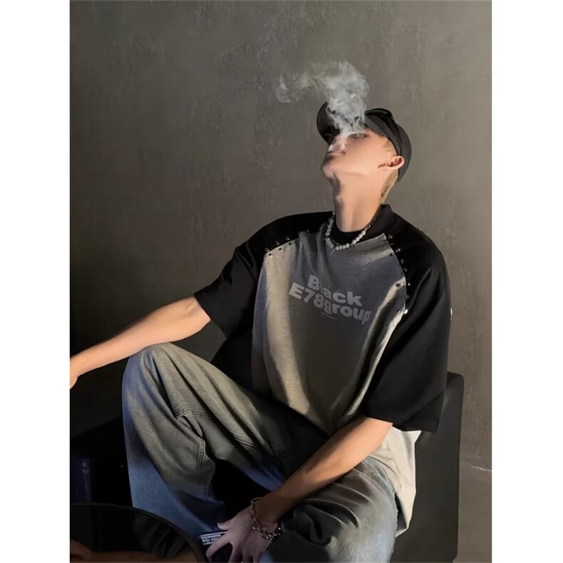 网络图现货！插肩袖重磅T恤铆钉拼色高街设计小领口短袖RT36-P48图片