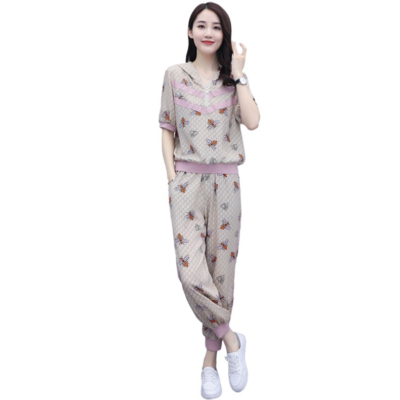 大量现货2022年夏季印花连帽个性优雅舒适时尚短袖套装,女装套装/套裙,奕薇雅