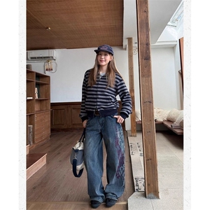 美式复古刺绣宽松直筒竹节纹牛仔裤男女阔腿街头cleanfit长裤潮图片