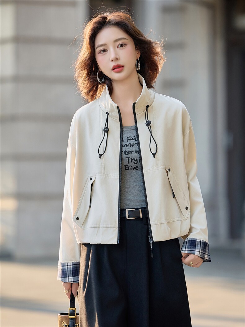 时尚休闲立领抽绳短外套女2025秋季格纹袖口拼接宽松显瘦夹克上衣,女装短外套,沁沁公主