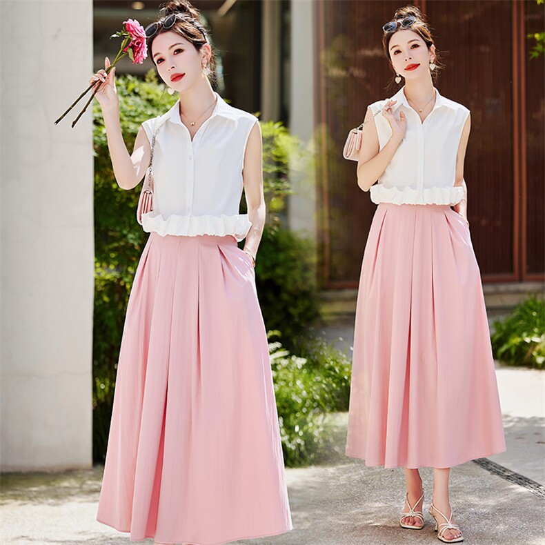 2026年新款夏季裙子女粉色垂感显瘦a字中长款高腰百褶裙半身裙，女装套装/套裙，兰菲阁