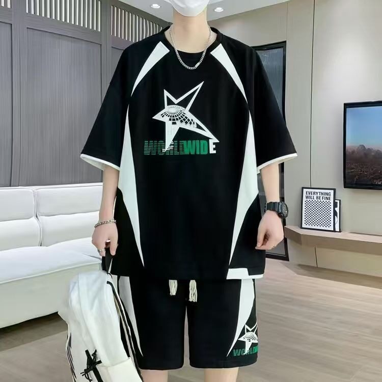 夏季新款短袖套装男士港风潮流青少年学生冰丝透气搭配两件套潮流,男装T恤,星座1210-1