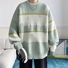 M8161/P65冬季美式时尚撞色条纹圆领?袖毛衣宽松休闲男女bf，男装针织衫/毛衣，电商A141
