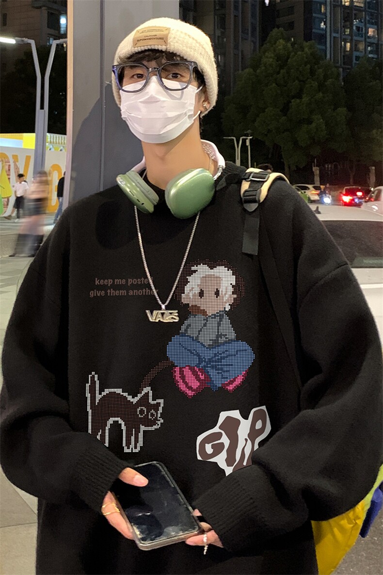 港风23新款秋季时尚百搭宽松卡通印花套头毛衣TPM6841P40控68,男装针织衫/毛衣,电商A268A