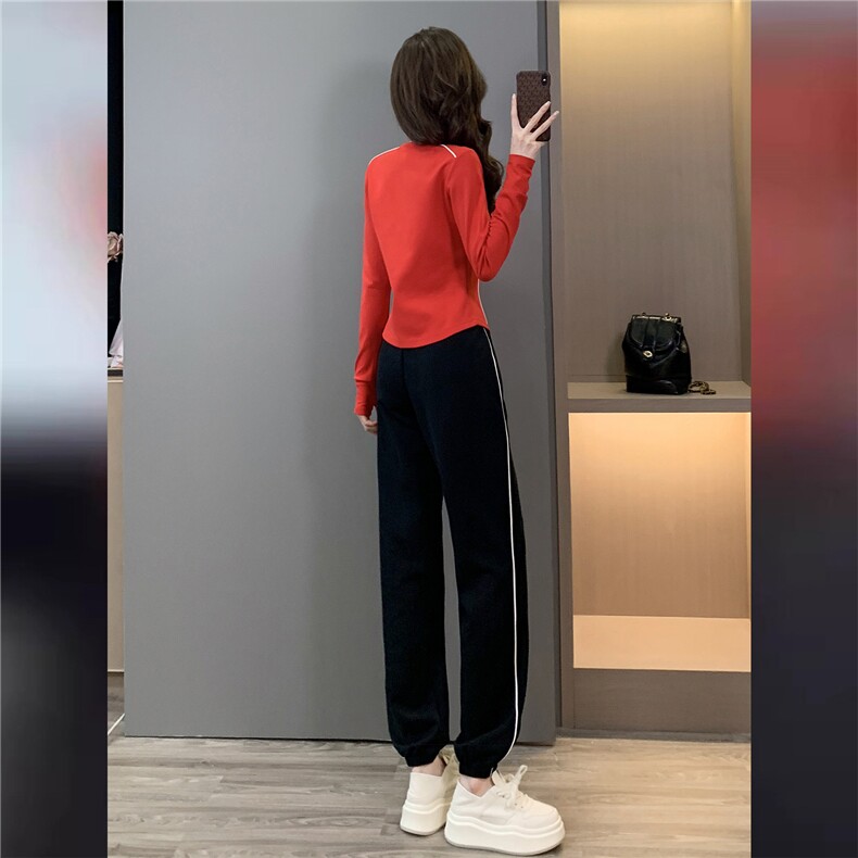 高端韩版时尚气质套装女秋新款拉链开衫红色立领上束脚长裤两件套,女装套装/套裙,2C310