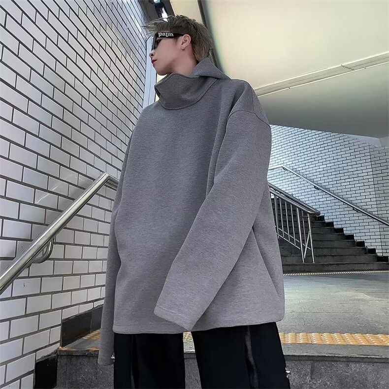 设计感高领连帽加绒卫衣男纯色宽松百搭休闲上衣潮外套RG109-p46,男装卫衣,星座1008