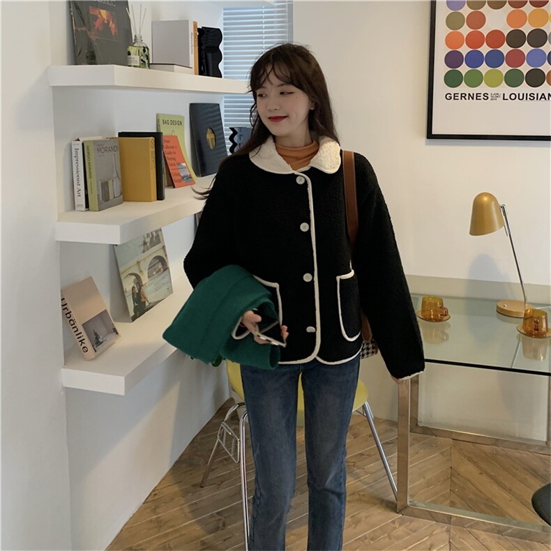 冬日小温暖羊羔毛撞色外套,女装短外套,潮品会