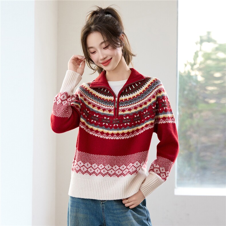 费尔岛撞色提花半拉链毛衣女秋冬慵懒高级感全羊毛针织衫外穿上衣，女装羊毛衫，艾米