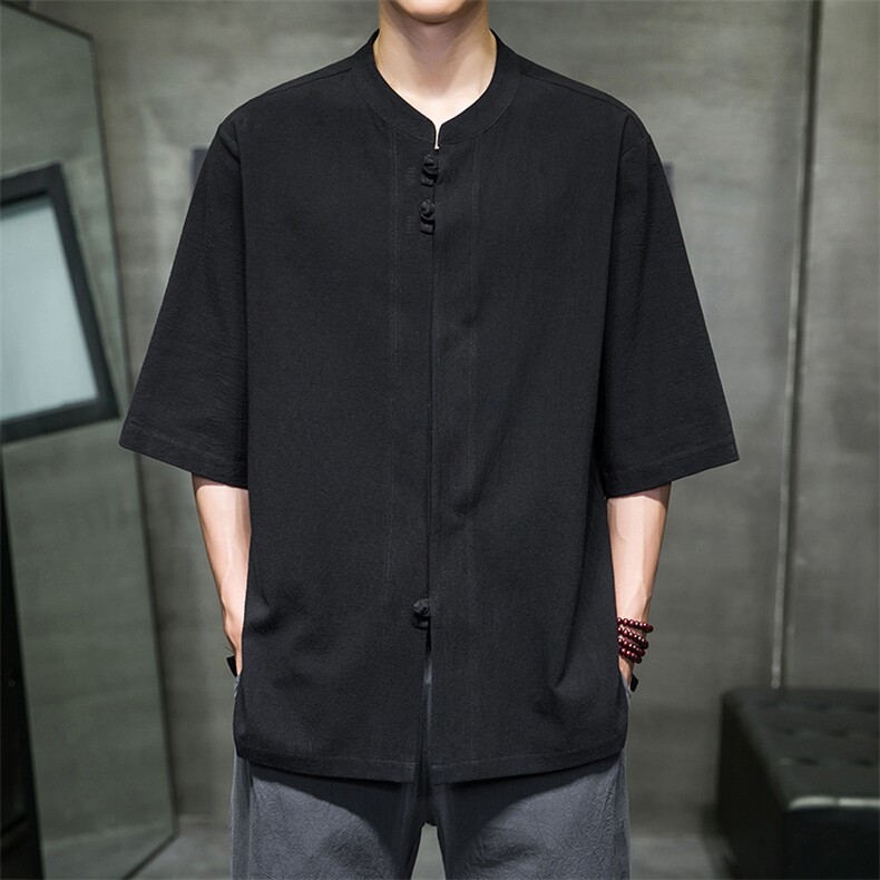 2023风男装盘扣唐装汉服五分袖短袖衬衫A203A-6809,男装T恤,星座815-1（原A203A）