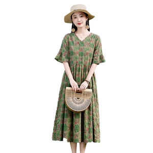 新中式高端复古碎花连衣裙2025女夏季宽松显瘦棉麻风气质长裙薄款图片