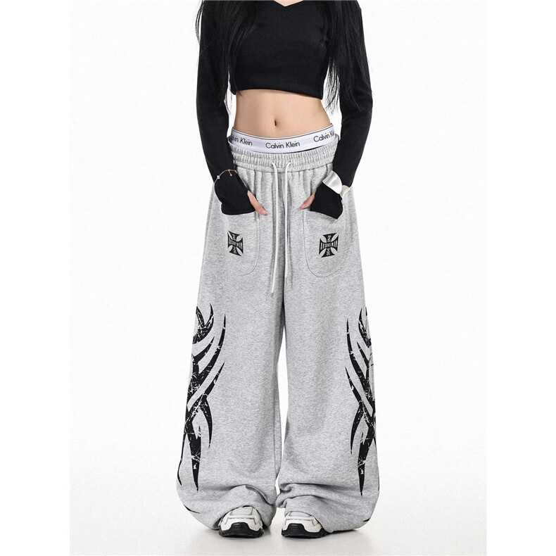 1506/QC180/P58美式街头印花阔腿宽松休闲厚棉裤灰色长裤高街风，男装棉裤，星座1506