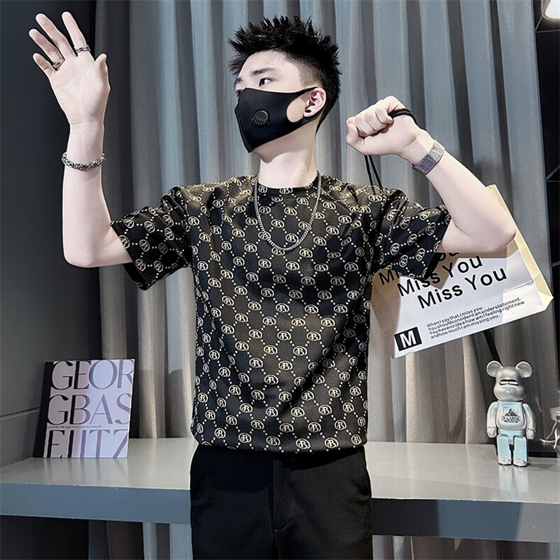 网红短袖T恤男ins轻奢提花圆领社会小伙店主风301C-DT105-P48控68,男装T恤,星座301C（原B323）