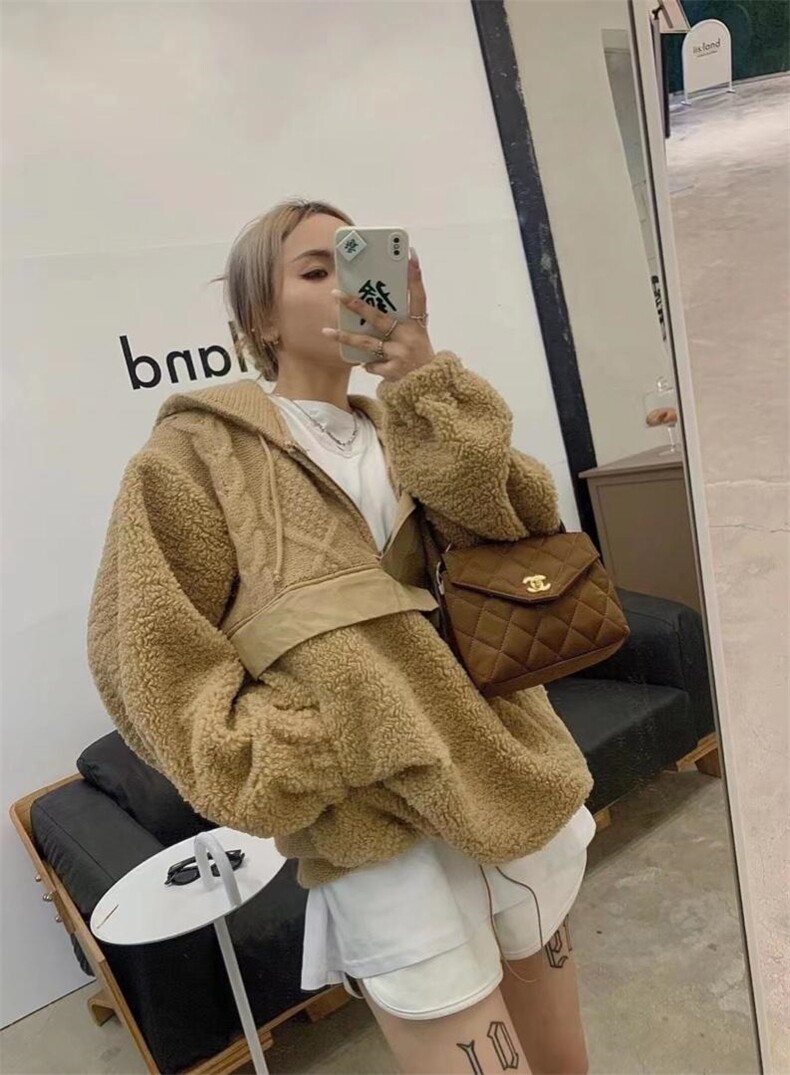 冬季新款重工针织拼羊羔毛套头帽衫，其它，AT(2F)