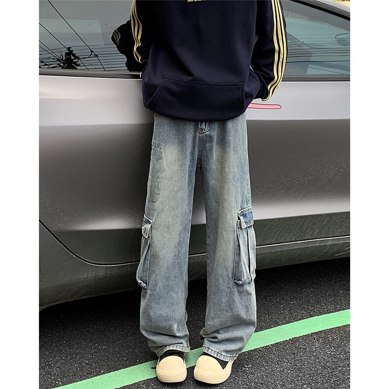 美式复古水洗牛仔工装裤春秋季宽松休闲多口袋直筒裤图片