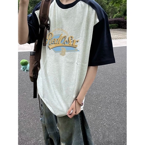 抖音得物高品质二开240克宽松纯棉美式潮牌插肩袖拼接短袖T恤图片