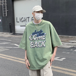 复古水洗做旧 美式字母印花 落肩袖高街重磅短袖T恤B239-1072-P38图片
