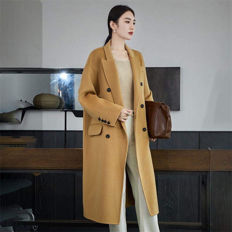 时尚百搭羊毛女士双面呢大衣优雅显瘦长款外套单品,女装双面呢大衣,岳达羊绒