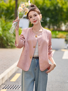 粉色新中式国风外套女短款2025春季新款圆领提花刺绣洋气减龄上衣图片