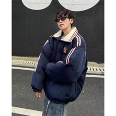 美式复古撞色织带翻领棉衣棉服男冬季加厚情侣面包服外套M9092，男装棉衣，星座506