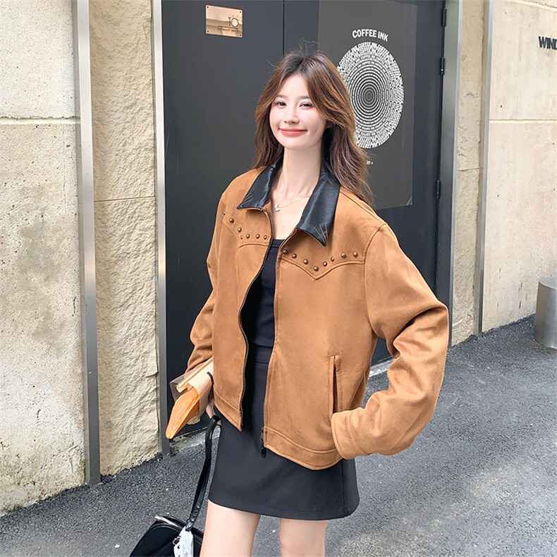 新品巴恩风撞色翻领复古麂皮夹克外套2C285-2857-P150-K218,女装短外套,2C285