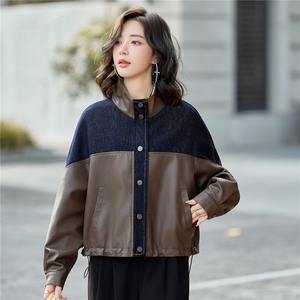 【秋季女装新款】大量现货牛仔相拼立领休闲短款皮衣外套图片 【秋季女装新款】大量现货牛仔相拼立领休闲短款皮衣外套图片