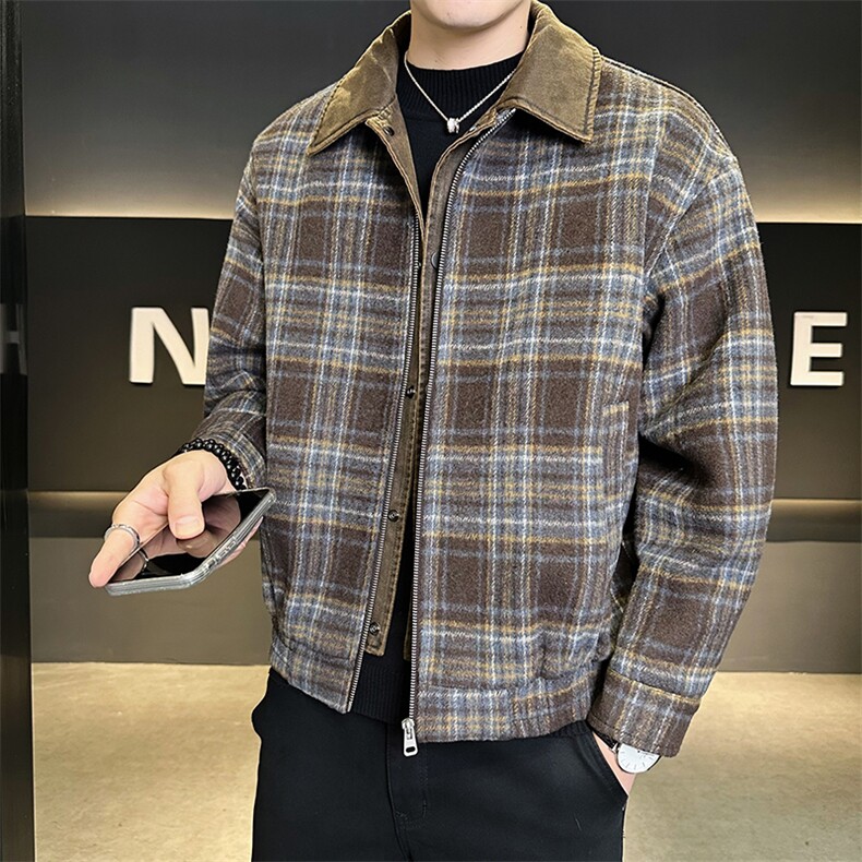 毛呢格子羽绒服男假两件翻领外套保暖上衣标50B317/6535/P225,男装羽绒服,电商B317