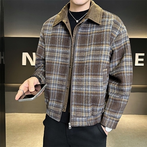 毛呢格子羽绒服男假两件翻领外套保暖上衣标50 B317/6535/P225图片