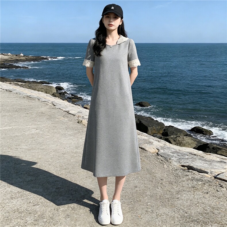 欧货时尚潮流长款连衣裙女夏新款洋气宽松蕾丝拼接连帽短袖休闲裙,女装套装/套裙,江南