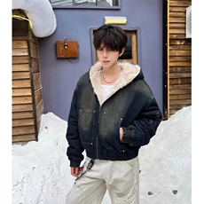 美式连帽牛仔棉服男女水洗重磅座山雕毛领复古加绒加厚夹克外套潮，男装夹克，四季星座505