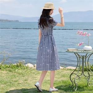 夏季格纹绣花收腰显瘦学院风优雅气质连衣裙（细节图颜色为准）图片