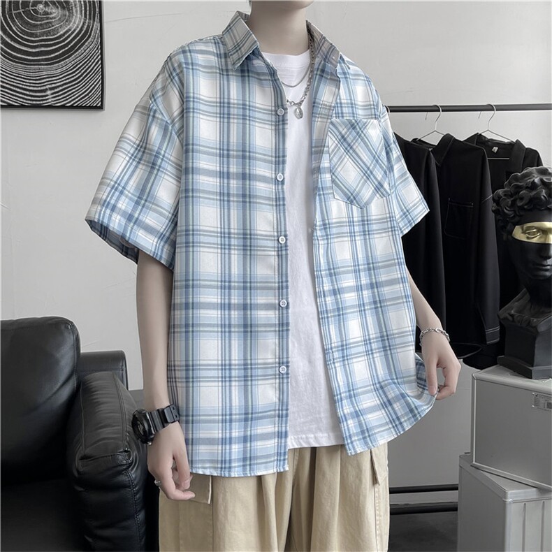 新款盐系格子衬衫男短袖潮ins痞日系衬衣夏季宽松半袖W801-P28,男装衬衫,星座512-2