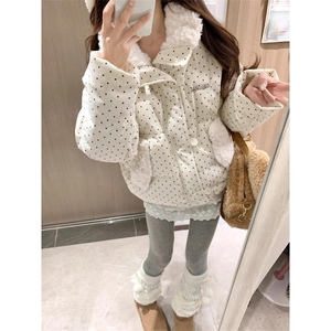 波点毛领羽绒棉服外套女冬小个子灯芯绒棉衣保暖加厚短款面包服图片