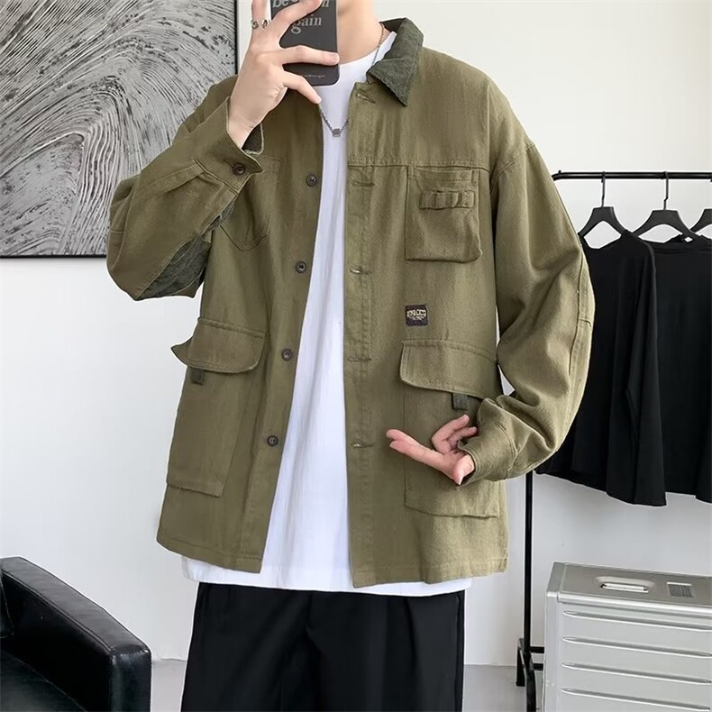 常规款潮长袖秋季标准青少年美式翻领拼色工装外套男秋色H03/P65,男装工装外套,星座506