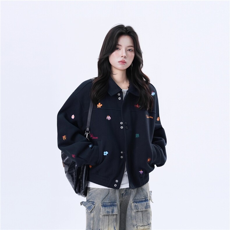 F225-P67 美式复古小刺绣黑色夹克女cleanfit设计感宽松外套图片