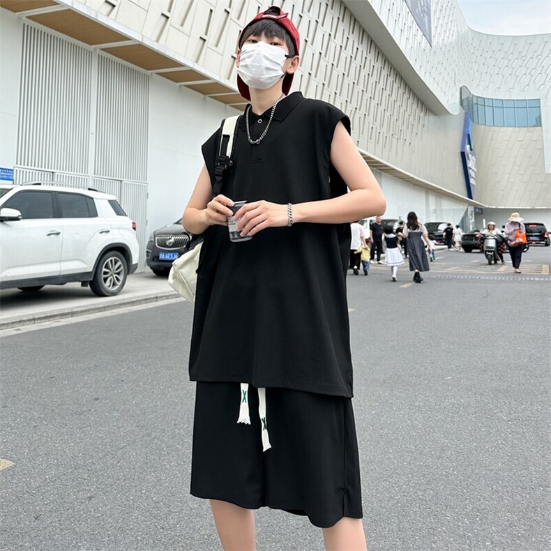 夏季新款大码港风情侣无袖五分裤两件套休闲套装男S04P55,男装休闲套装,电商B226-2（原B217-2）