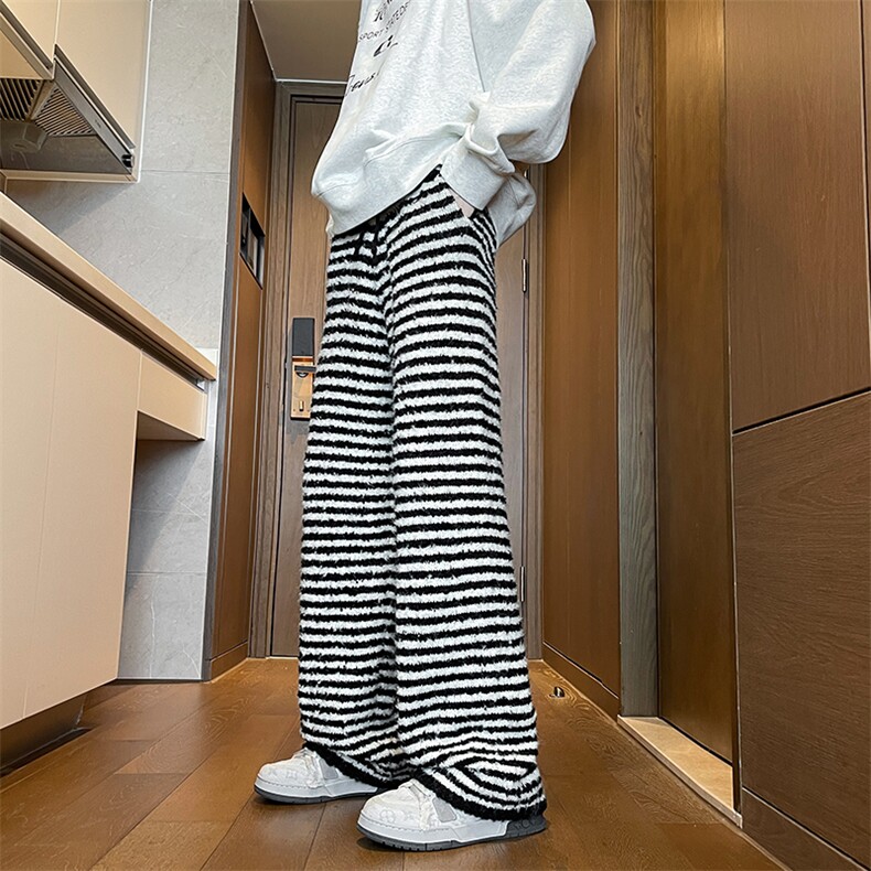 8XL-M 慵懒休闲撞色条纹羊毛针织裤宽松保暖舒适直筒长裤K9114P68图片
