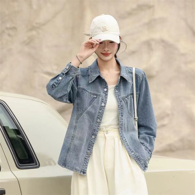 2025春秋新款韩版修身短款百搭牛仔外套女长袖小个子衬衫夹克上衣，女装牛仔外套，莜菲儿