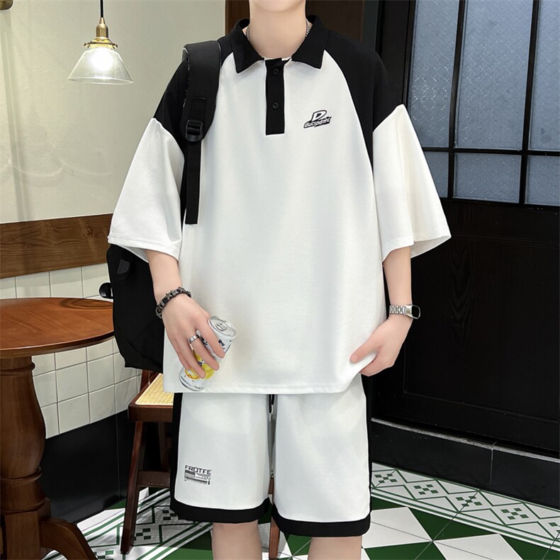 夏季美式POLO衫运动套装男款宽松休闲短裤短袖两件套图片