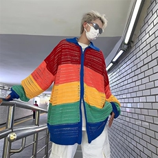 多巴胺彩色条纹镂空拉链针织开衫毛衣宽松百搭外套1229-P45，男装针织衫/毛衣，星座910-5