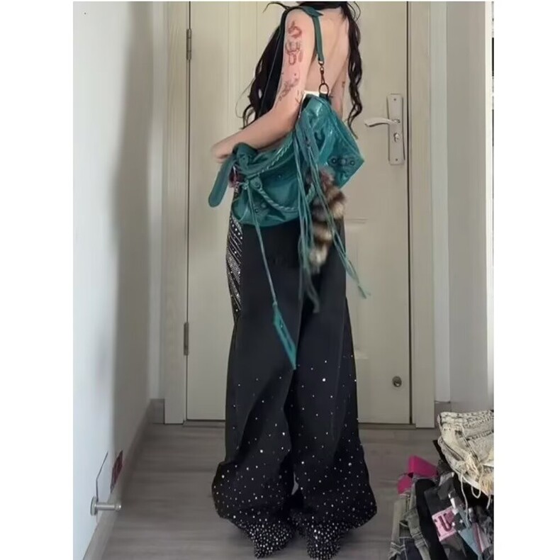 H171-P63炫酷烫钻满天星休闲牛仔裤女春新款高腰宽松显瘦,男装牛仔裤,电商B323A