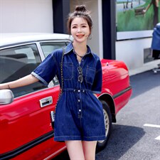 2022夏季新款简约时尚个性气质翻领抽绳收腰显瘦牛仔连体短裤，女装连体裤，瑶迪依秀