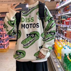 美式街头趣味恐龙提花针织衫男女ins潮牌卡通宽松毛衣 M269-P40图片