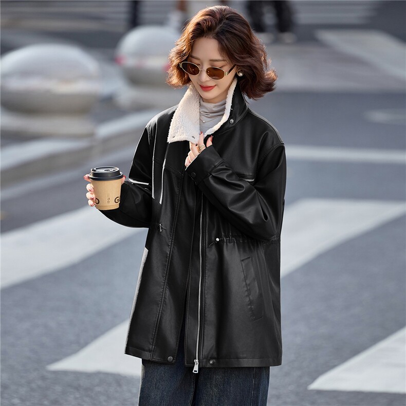【冬季女装新款】中长款派克服加绒加厚保暖皮棉P-155,女装皮衣,简古