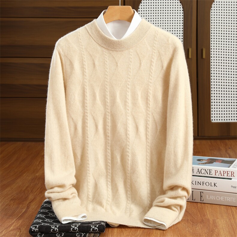 男士时尚圆领菱形小麻花衫高品质10%保暖舒适经典百搭男装，男装羊绒套衫，昭美羊绒