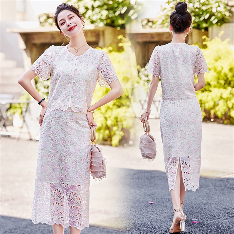 小香风刺绣蕾丝连衣裙女2024夏季新款高级感法式气质名媛两件套装，女装套装/套裙，依路服饰