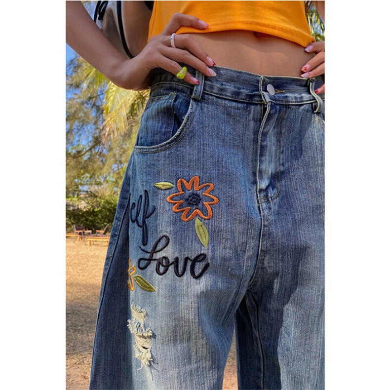 美式花卉刺绣牛仔裤女男重磅破洞竹节纹阔腿裤宽松直筒N21，男装牛仔裤，星座1116A（原606A-3）